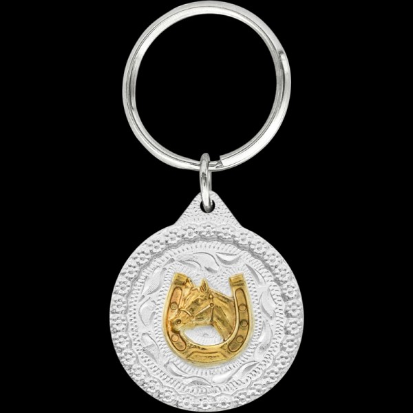 Gold Horseshoe Head, This keychain will always remind you of your trusted partner, your horse! This keychain includes a beautiful berry border, a horseshoe & hors